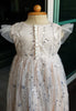Sequined Pale Pink Christening gown. Underlay color customizable. Comes with bonnet and shoes