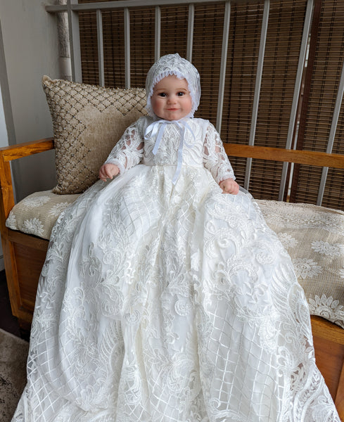 Regal SEQUINED Christening gown | Girls Christening gown | Baby girl baptism dress | Gown, Bonnet, shoes and shipping Included