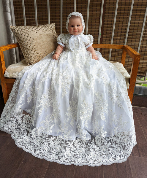 Laura PEARL BEADED Christening gown | Girls Christening gown | Baby girl baptism dress | Gown, Bonnet, shoes and shipping Included