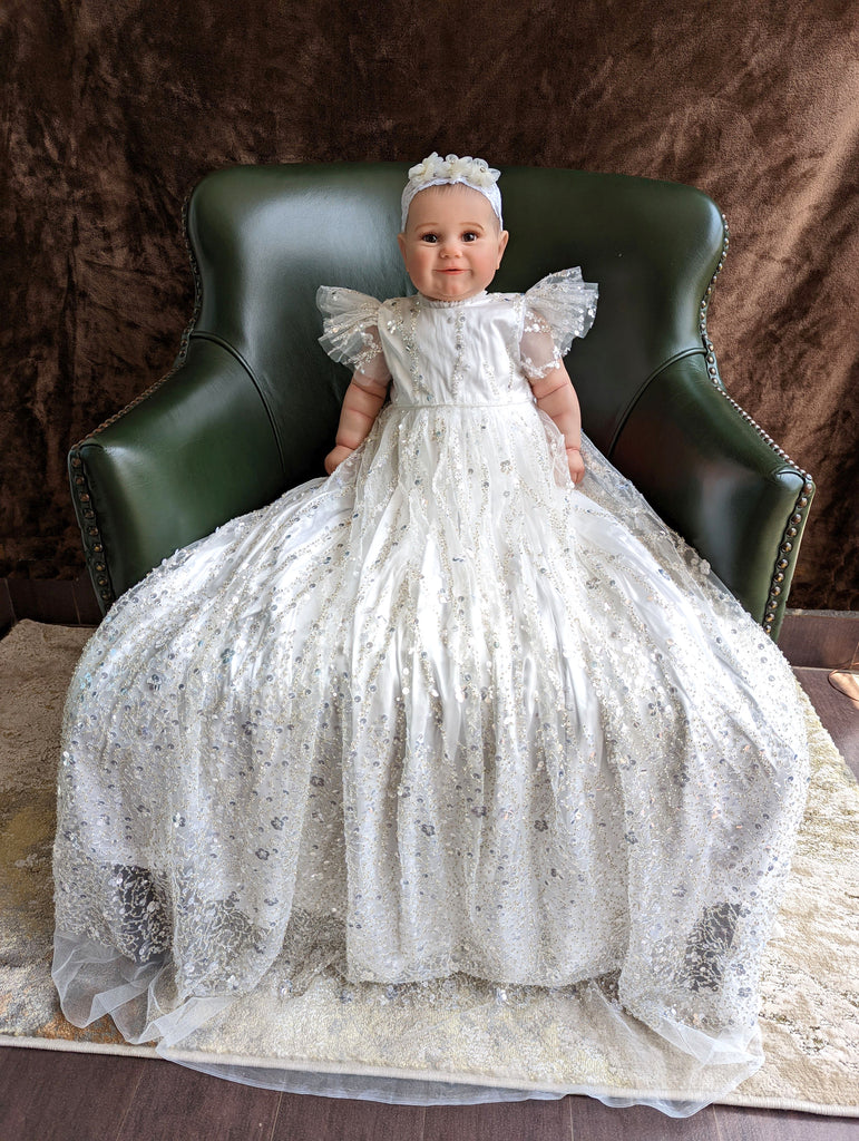 Lila - Sequined Milky white Christening gown | Comes with bonnet