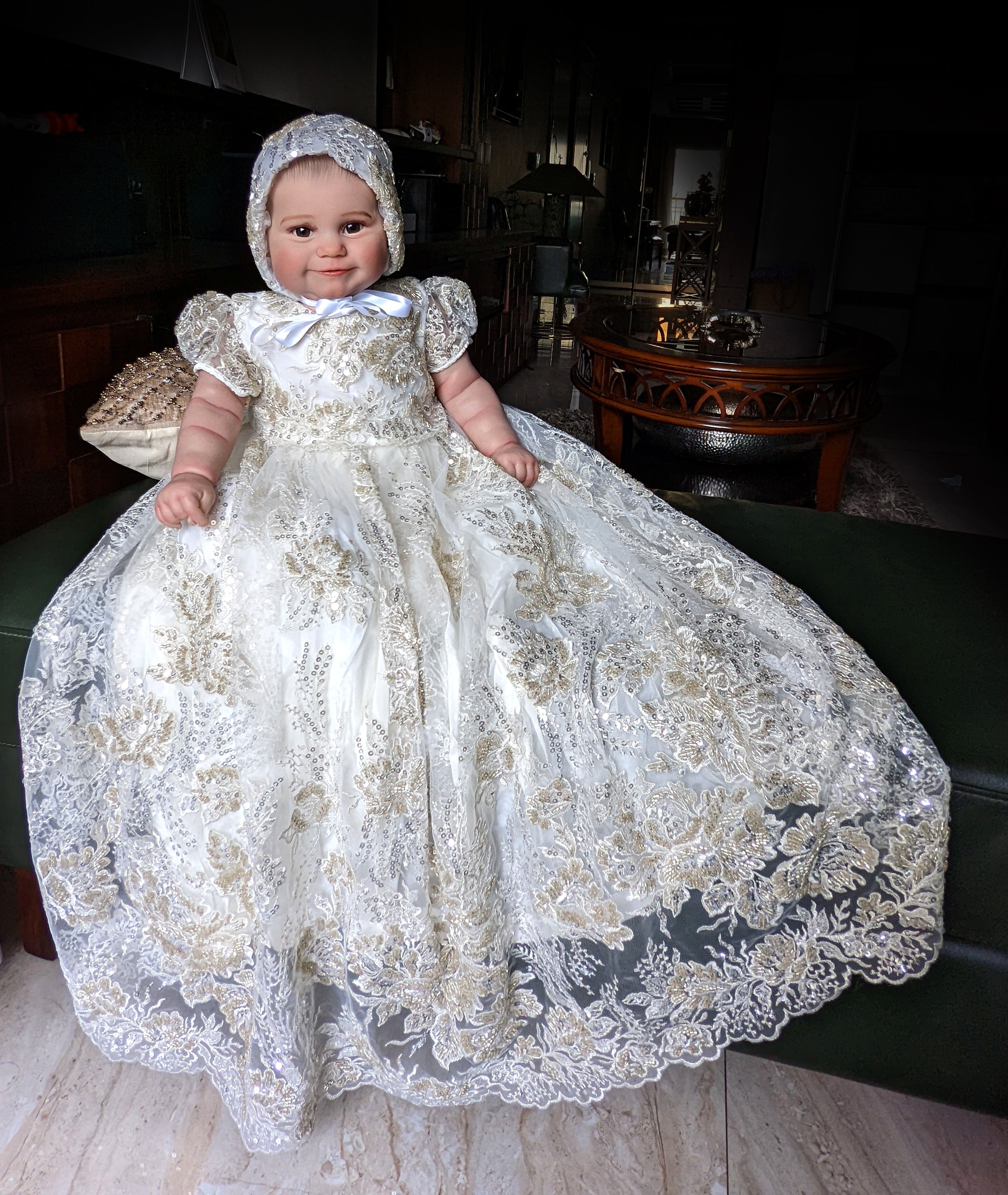 Tara - Stunning Sequined Beaded Lace Christening Gown