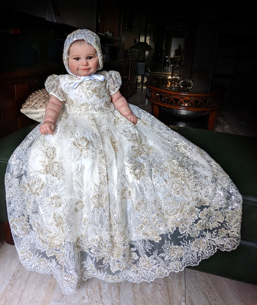 Tara - Stunning Sequined Beaded Lace Christening Gown | Baptism dress for baby girl | Girls Christening Gown