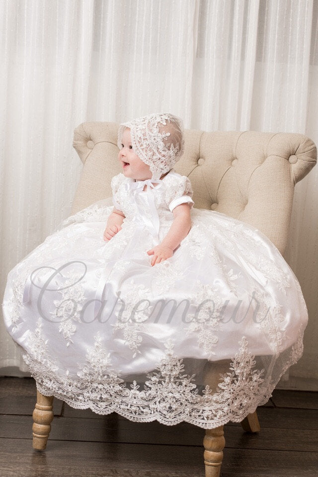 Amazon.com: Long Ivory Christening Gown for Baby Girls Lace Baptism Dress  with Bonnet 3M: Clothing, Shoes & Jewelry