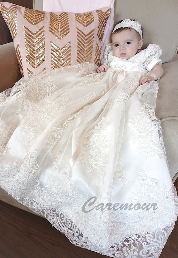 Baby Girl White 2Pieces Set Christening Gown Baptism Gown Lace Dresses Size  0-2Y | eBay